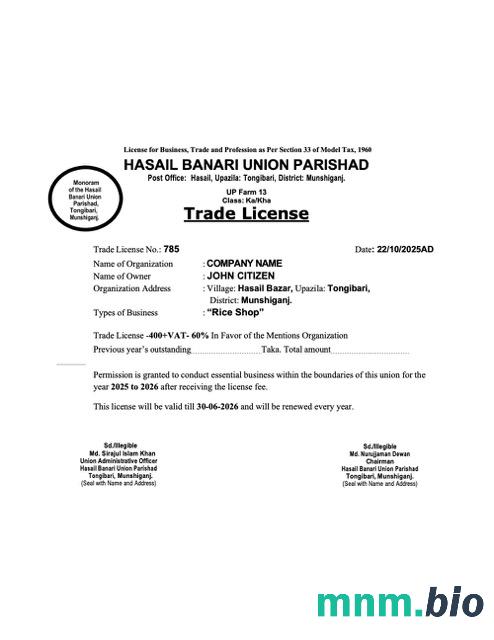 Bangladesz Munshiganj trade license Word i szablon PDF